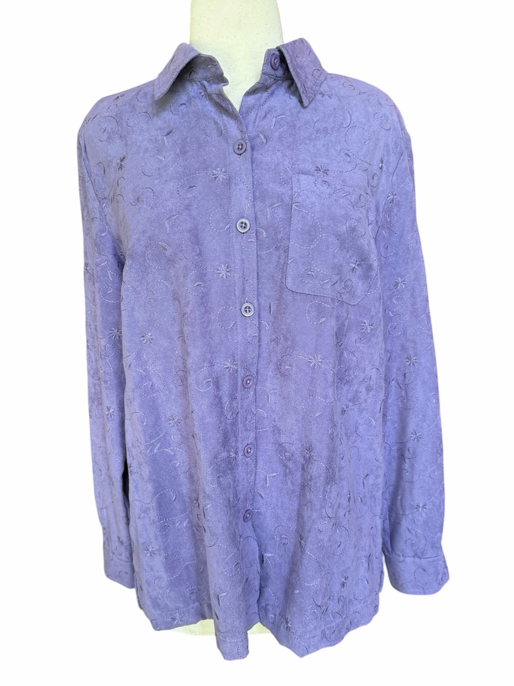 Y2K Croft & Barrow Lavender Faux Suede Tonal Floral Embroidered Button Down Shir